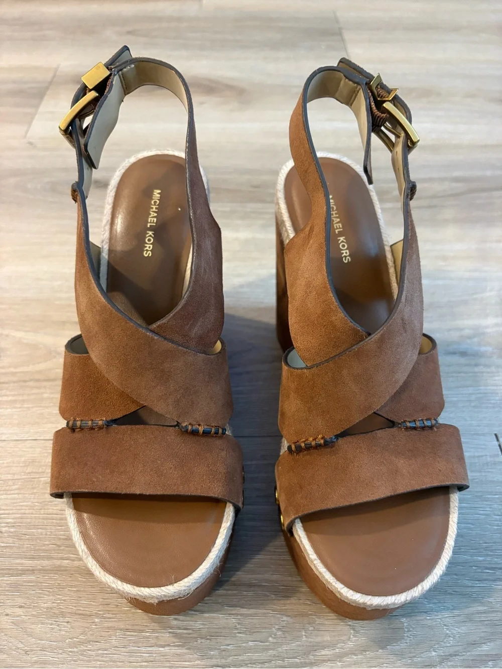 Michael Kors Tan Suede Platform Wedge Sandals